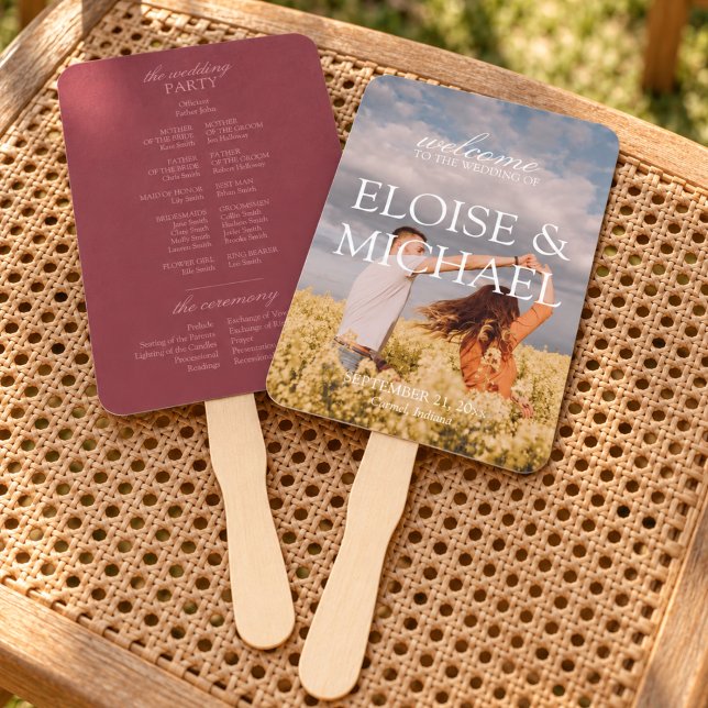 Leque Programa de Cerimônia de Casamento com Foto de Fru (Modern Raspberry Photo Wedding Ceremony Program Hand Fan)