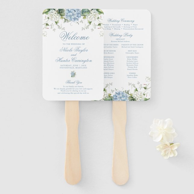 Leque Programa de Cerimônia de Casamento com Hortênsias  (Frente e Verso)