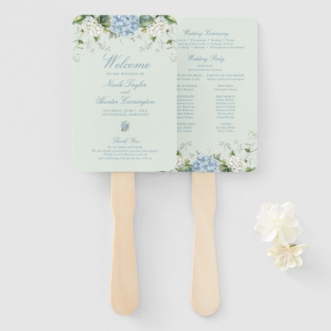 Leque Programa de Cerimônia de Casamento com Hortênsias  (Frente e Verso)