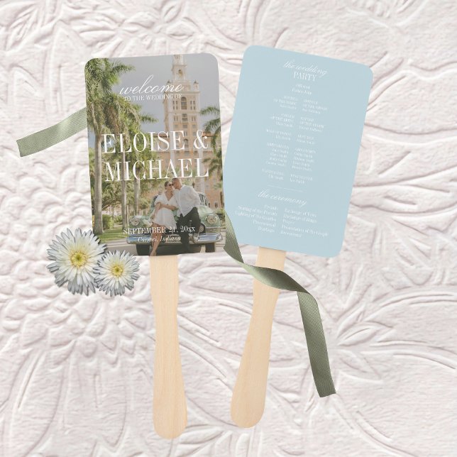 Leque Programa de Cerimônia de Casamento com Letra de Cí (Modern Blue Citrus Script Wedding Ceremony Program Hand Fan)