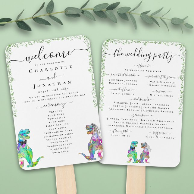 Leque Programa de Cerimônia de Casamento com Tema de Din (Colorful T-Rex bride and groom funny dinosaur wedding ceremony program fan Watercolor foliage)