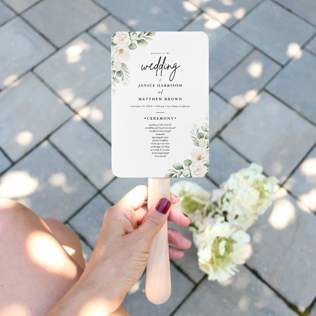 Leque Programa de Cerimônia de Casamento com Verde de Eu (Boho eucalyptus greenery program fan keeps guests cool while adding fresh personalized wedding charm)