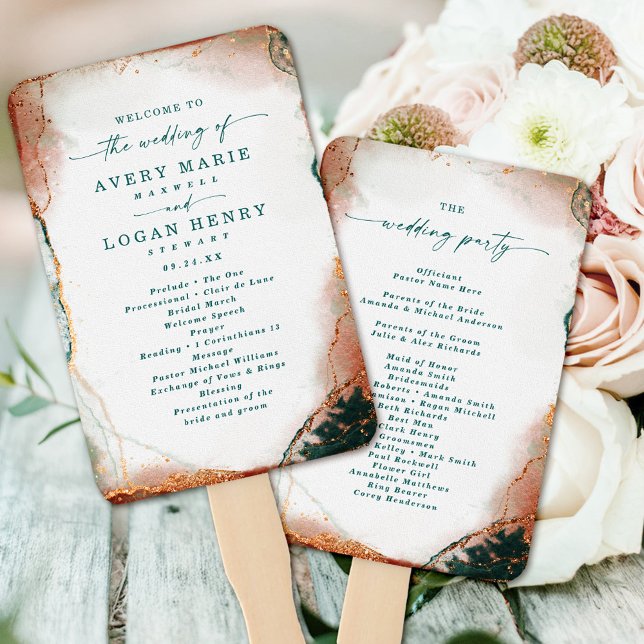 Leque Programa de Cerimônia de Casamento de Teal e Cobre (Modern Teal and Copper Wedding Ceremony Program Hand Fans)