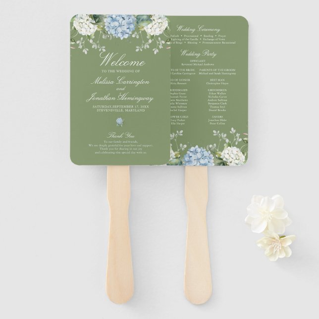 Leque Programa de Cerimônia de Casamento em Verde Salvia (Frente e Verso)