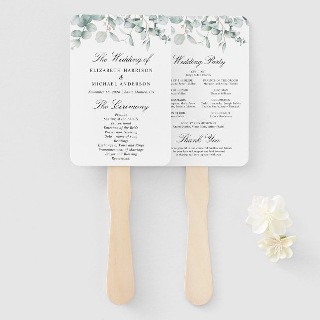 Leque Programa de Cerimônia de Casamento Eucalyptus Gree (Frente e Verso)
