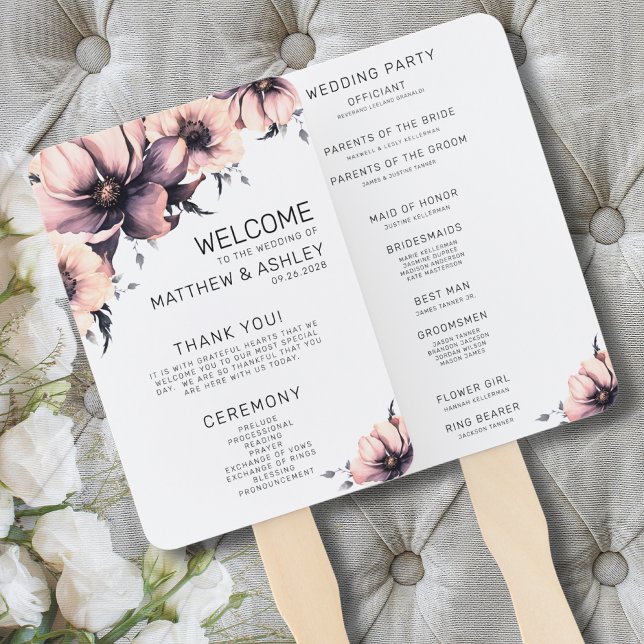Leque Programa de Cerimônia de Casamento Floral Boho Ros (Ceremony Programs Modern Boho Floral Pink Wedding Hand Fan)