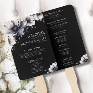Leque Programa de Cerimônia de Casamento Floral Preto Mo