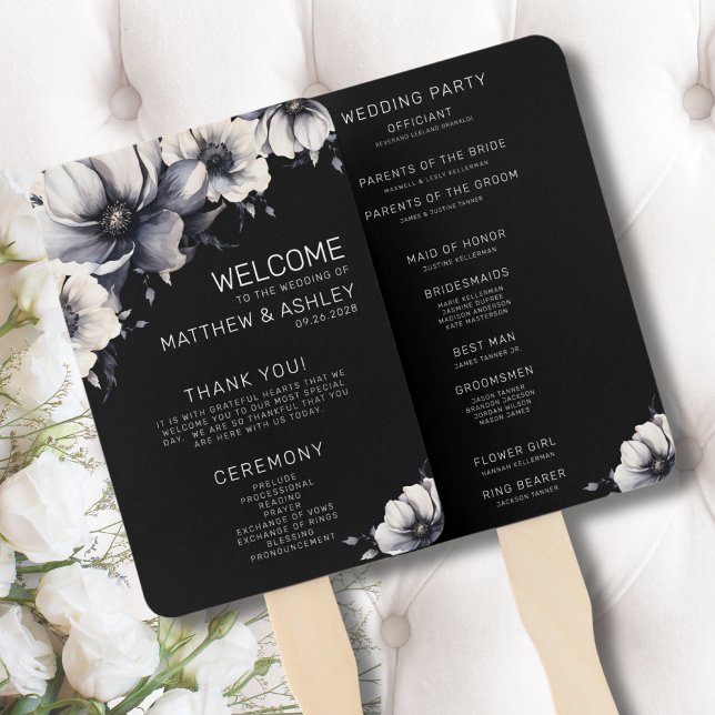 Leque Programa de Cerimônia de Casamento Floral Preto Mo (Ceremony Program Modern Floral Black White Wedding Hand Fan)