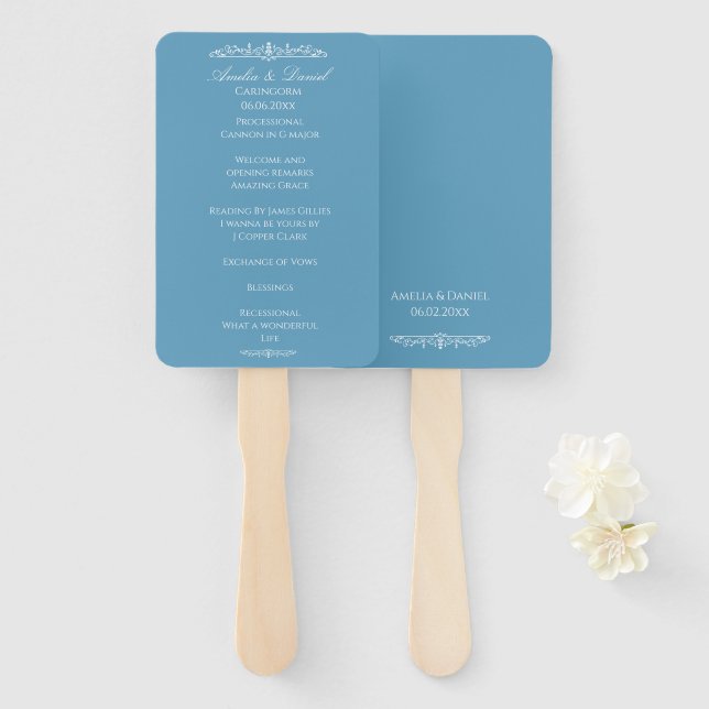 Leque Programa de Cerimônia de Casamento Regency Blue (Frente e Verso)