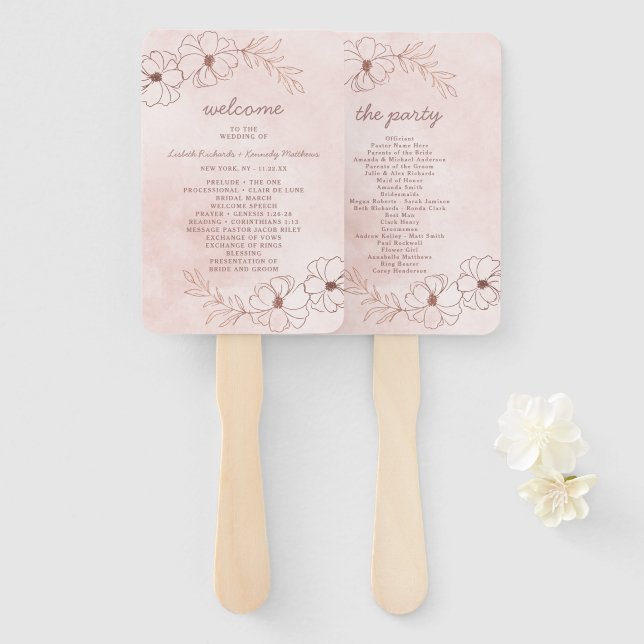 Leque Programa de Cerimônia de Casamento Rosa Bege e Dou (Frente e Verso)