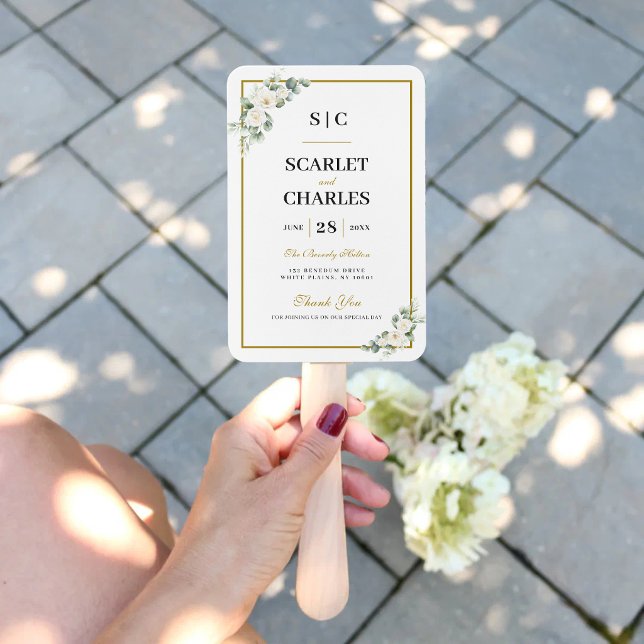 Leque Programa de Cerimônia de Casamento Rosa Branca Euc (Eucalyptus white rose program hand fan keeps guests cool with timeless ceremony elegance.)