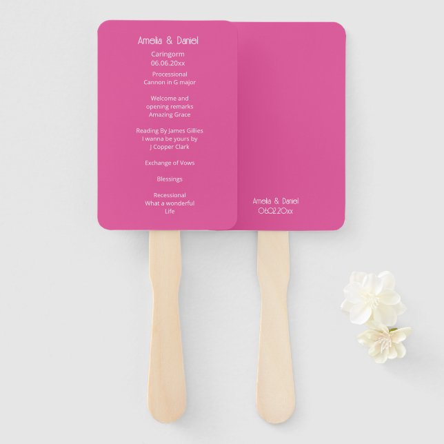 Leque Programa de Cerimônia de Casamento Rosa Raspberry (Frente e Verso)