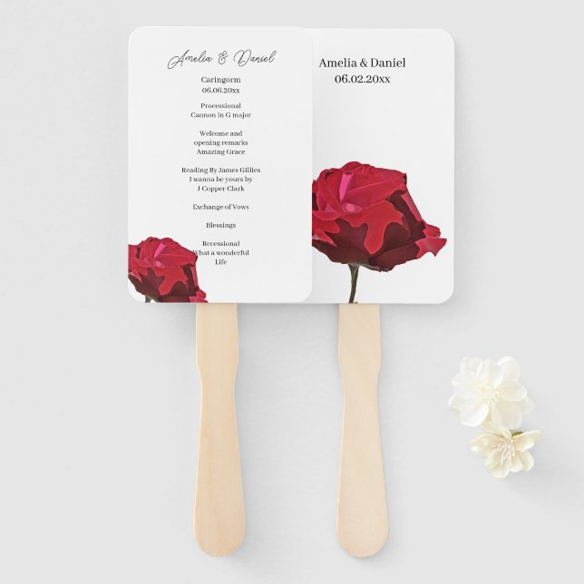 Leque Programa de Cerimônia de Casamento Rosa Vermelha R (Frente e Verso)