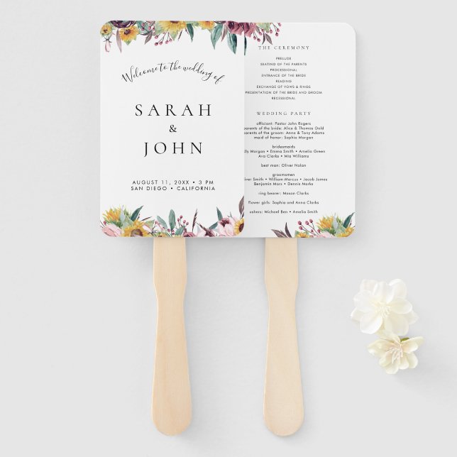 Leque Programa de Cerimônia de Casamento Sunflower Rose  (Frente e Verso)