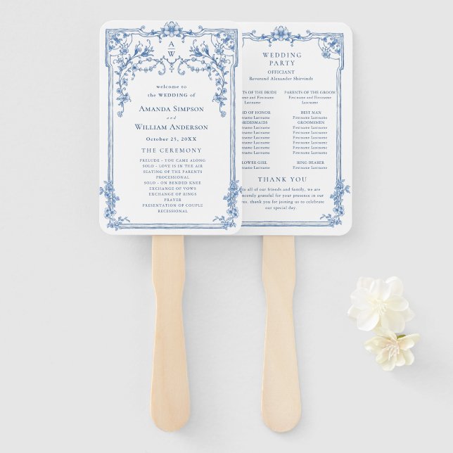 Leque Programa de cerimônia de Ornamentado Vitoriano Azu (Frente e Verso)