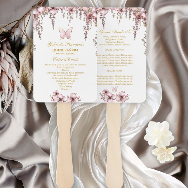 Leque Programa de Quinceañera Borboleta Dourada Rosa Rub (Criador carregado)
