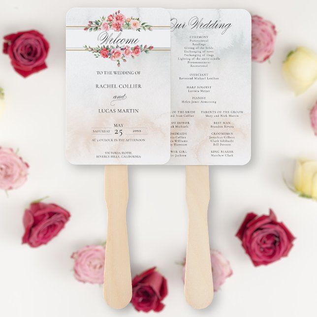 Leque Programa de rosas e caligrafia rosa com aquarelas (Criador carregado)