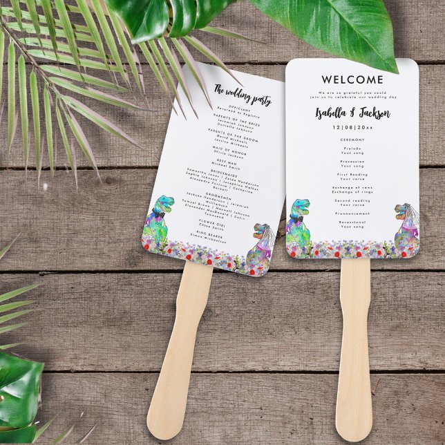 Leque Programa do Dia do Casamento com Tema de Dinossaur (Colorful wildflowers dinosaur themed wedding day program)