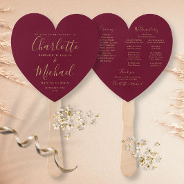 Leque Programa Dourado Casamento Burgundy Heart