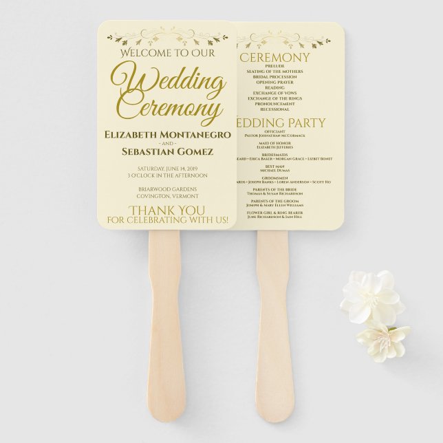 Leque Programa Dourado e legante de casamento florescent (Frente e Verso)