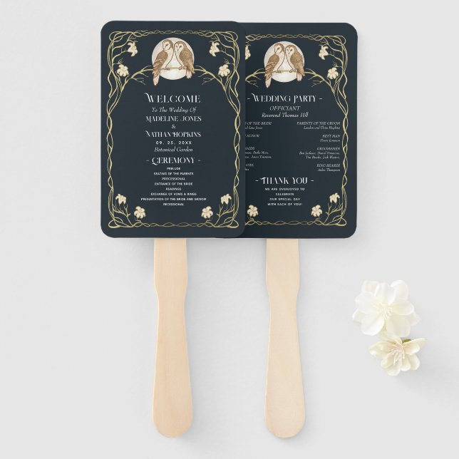 Leque Programa Elegante Art Nouveau Owls Wedding (Frente e Verso)