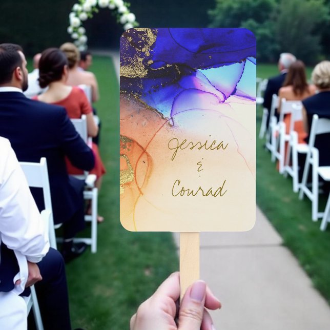 Leque Programa Elegante Blue Orange Weding Conjunto de V (Elegant Blue Orange Wedding Program Set of Fans.)