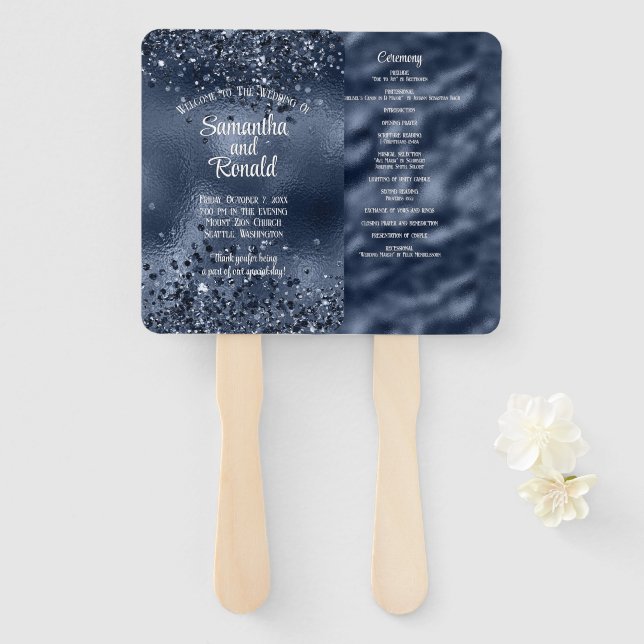 Leque Programa Elegante Dark Blue Glitter & Foil Weding (Frente e Verso)