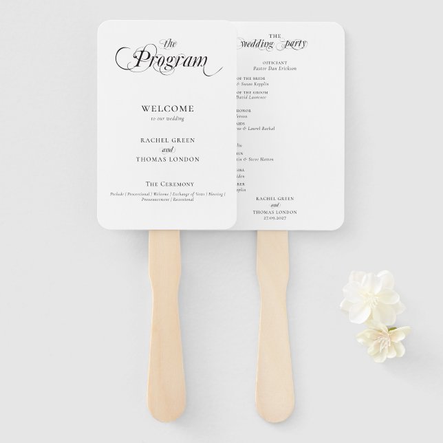 Leque Programa Elegante de Caligrafia Branca Negra (Frente e Verso)