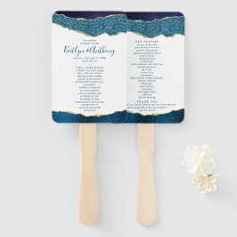 Leque Programa Elegante de Casamento Azul e Agato Dourad