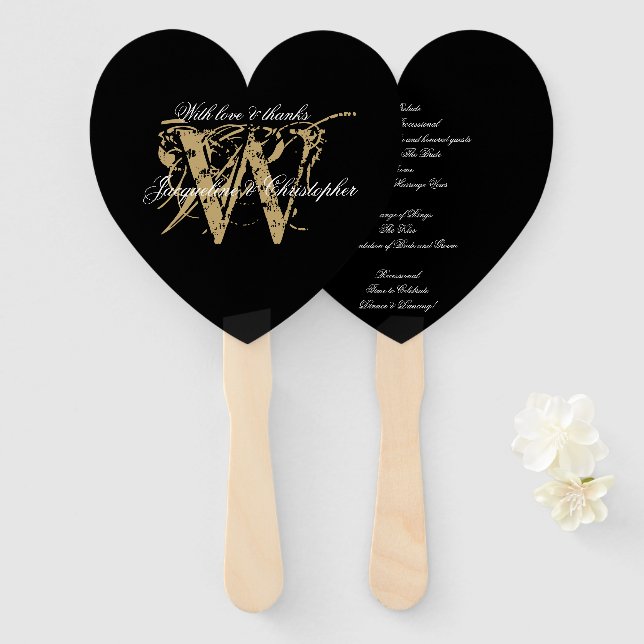 Leque Programa Elegante de Casamento de Monograma Branco (Frente e Verso)