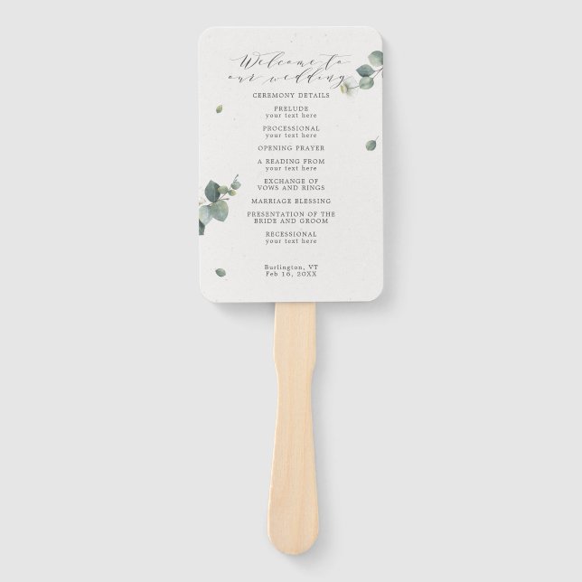 Leque Programa Elegante de Casamento Eucalyptus Watercol (Frente)