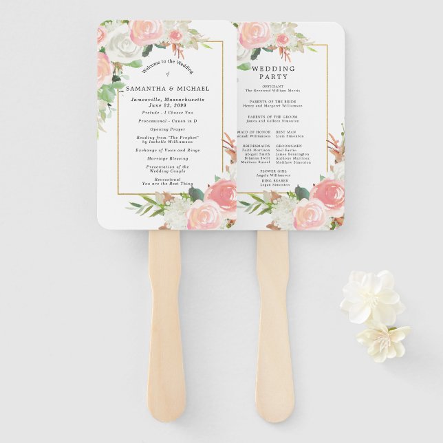 Leque Programa Elegante de Casamento Floral Branco Rosa (Frente e Verso)