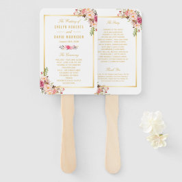 Leque Programa Elegante de Casamento Floral Rosa Dourado