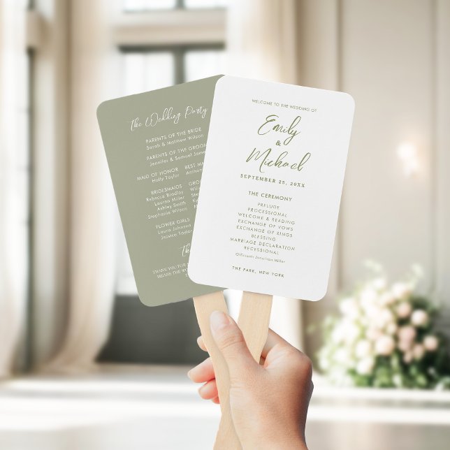 Leque Programa Elegante de Casamento Verde de Caligrafia (Elegant calligraphy sage green and white wedding program hand fan)