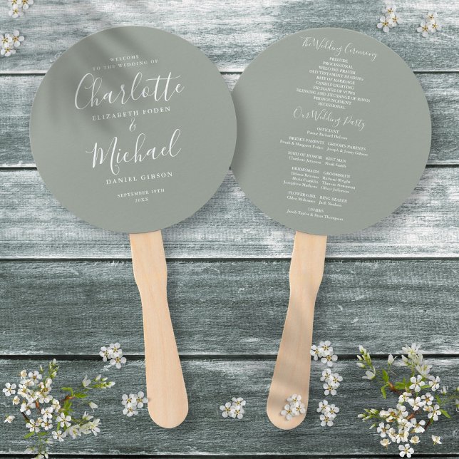 Leque Programa Elegante de Casamento Verde de Sage, Scri (Elegant Modern Script Sage Green Wedding Program Hand Fan)