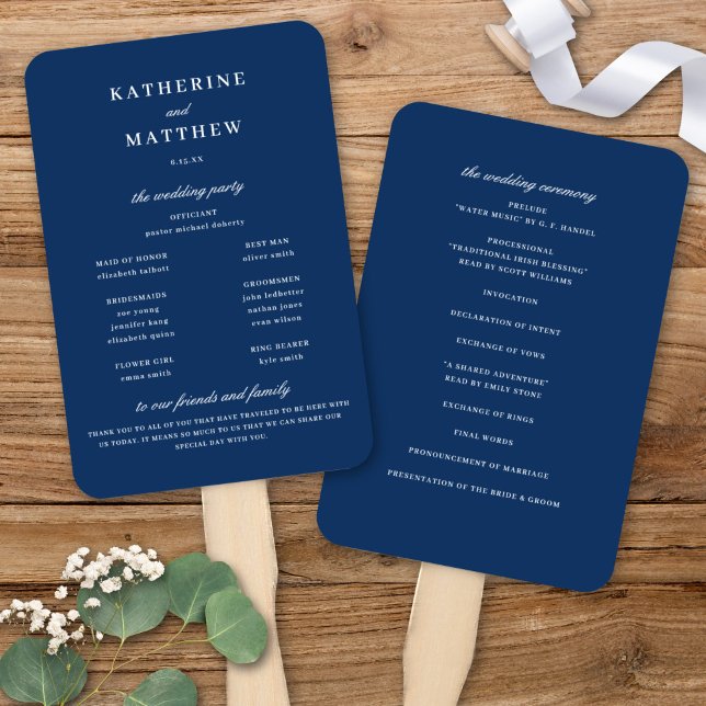 Leque Programa Elegante de Cerimônia de Casamento Azul d (Elegant Chic Navy Blue Wedding Ceremony Program Fan)