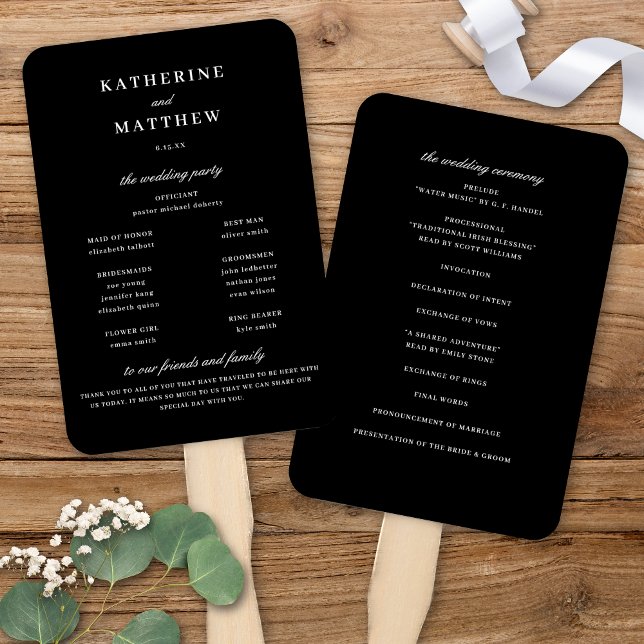 Leque Programa Elegante de Cerimônia de Casamento Negro (Elegant Chic Black & White Wedding Ceremony Program Hand Fan)