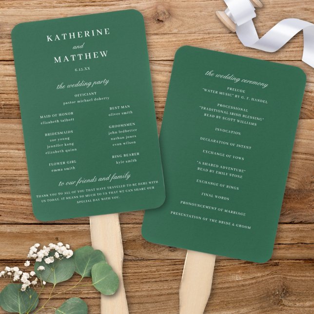 Leque Programa Elegante de Cerimônia de Casamento Verde  (Elegant Chic Dark Green Wedding Ceremony Program Fan)