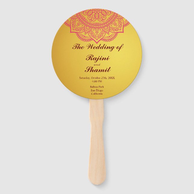 Leque Programa Elegante Dourado de Casamento da Paisley  (Frente)