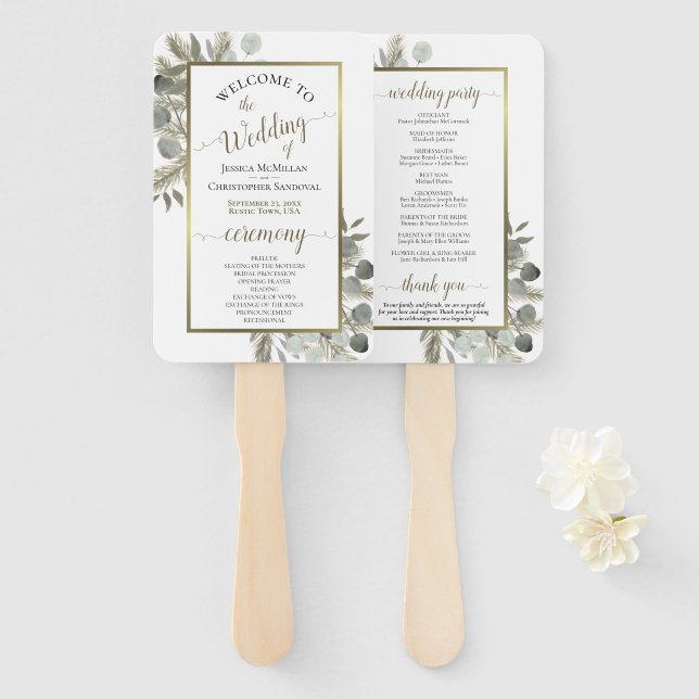 Leque Programa Elegante Eucalyptus & Ouro Pine Weding (Frente e Verso)