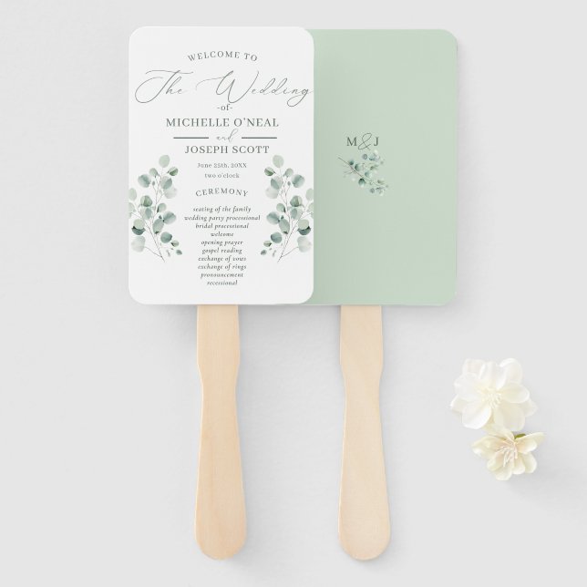 Leque Programa Eucalyptus Sage Green Watercolor Casament (Frente e Verso)