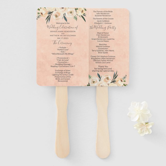 Leque Programa Floral Beige Blush Wedding (Frente e Verso)