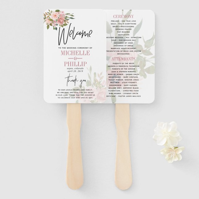 Leque Programa Floral Blush e Rosa Dourado Weding (Frente e Verso)