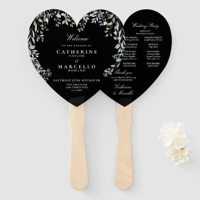 Leque Programa Floral de Casamento Negro e Branco (Frente e Verso)