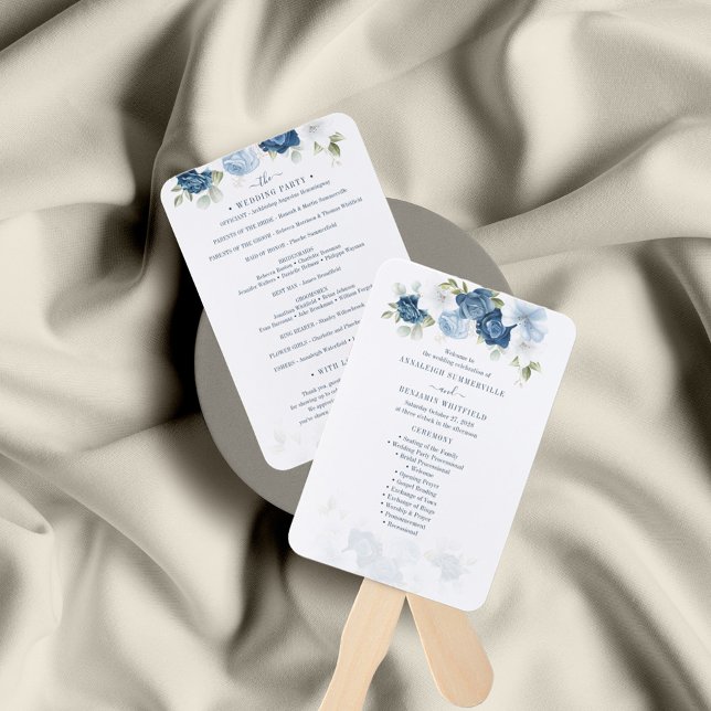 Leque Programa Floral Dusty Blue Foliage Ceremony (Dusty Blue Floral Watercolor Wedding Program Hand Fan)