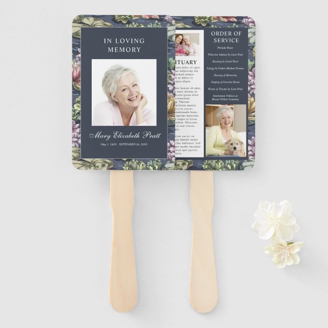 Leque Programa Funeral de Fotografia 3 Azul Escuro Elega (Frente e Verso)