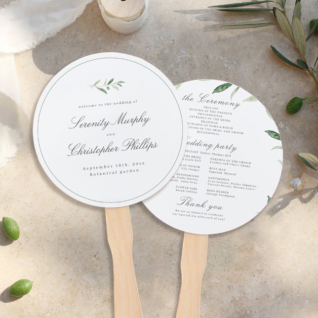 Leque Programa Genérico de Casamento Clássico de Script  (Classic Elegance Script Greenery Wedding Program Hand Fan)
