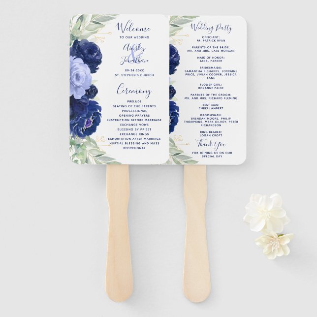 Leque Programa marinho Blue Floral Greenery Wedding (Frente e Verso)