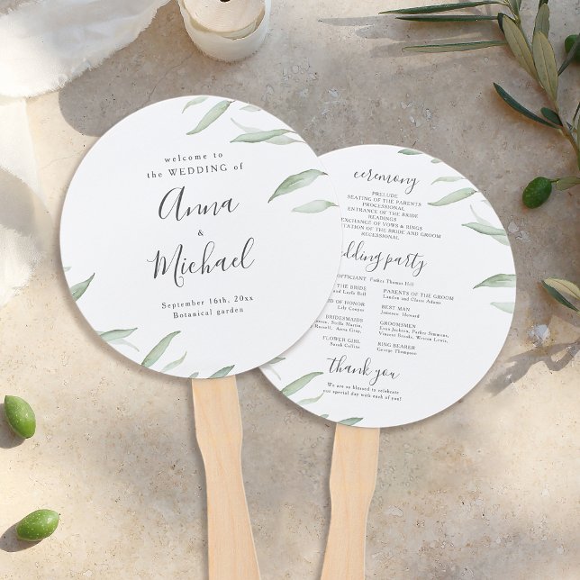 Leque Programa mínimo de casamento rústico em verde (Minimal greenery rustic wedding program hand fan)