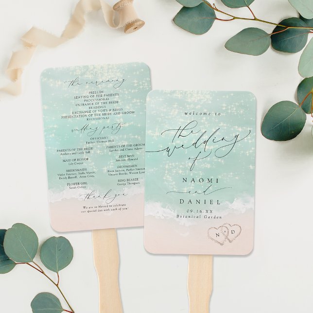 Leque Programa Modern Script Sand Hearts Beach Wedding (Modern Script Sand Hearts Beach Wedding Program Hand Fan)